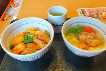 <p>อาหารชุดในราคา 740 เยน ซึ่งจะมีทั้งอุด้งและดองบุริอย่างละถ้วย</p>