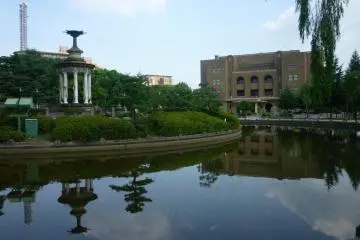 Tsurumai park fountain and Kokaido Civic Assembly Hall