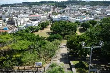 <p>A view atop the peace tower looking down the staircase onto the lower park area</p>