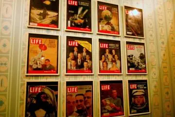 <p>Copies of Life magazine from during the 'Space Age' on display</p>