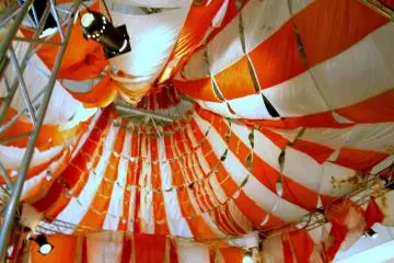 <p>This is THE GENUINE parachute used by Apollo 17 when it landed in the sea. Check out the wear and tear on it!</p>