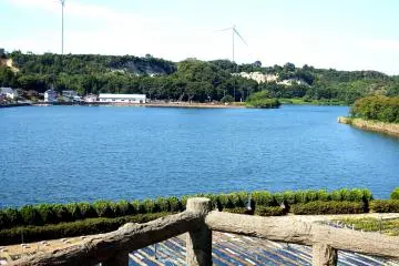 <p>Windmills on the hills and Lake Kitagata viewed from the observation deck</p>