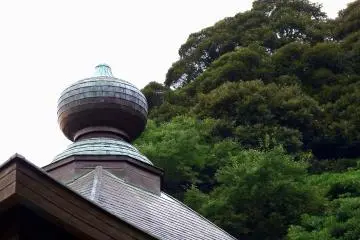 사원 지붕과 푸른 숲
