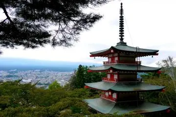 Chureito Pagoda in Fujiyoshida has a well known view of Mount Fuji when the weather is clear.