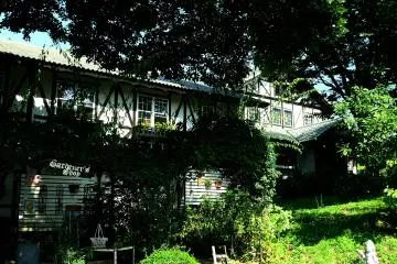 <p>European-looking cafe on the hillside of Mt. Daisen</p>