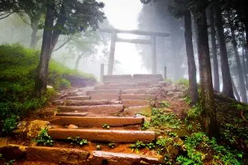<p>A large misty covered `torii` (gate) marking the short ascent to Upper Afuri Shrine along a fog covered path</p>