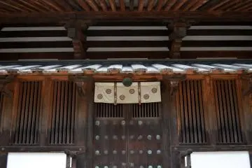 <p>Pintu kayu dengan pola yang cantik. Salah satu pintu masuk ke pagoda berlantai lima</p>