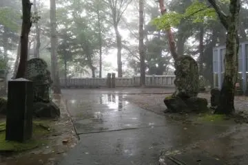 <p>The temple courtyard on a wet autumn day</p>