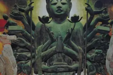 This statue of a Buddha with many arms and many faces on its head was carved by Shodo from a very big katsura tree. The entire statue, from head to foot, was carved out of the trunk of the tree, and its 48 arms were carved from the tree’s branches.