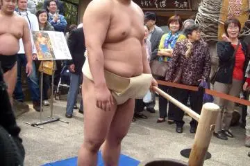 Sumo fighter Okinoumi pounding rice into mochi rice cake