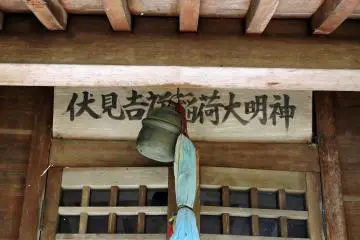 <p>Wooden signage says, 'Fushimi Kisshou Inari Daimyojin', which indicates this shrine is related to Fushimi Inari Taisha in Kyoto</p>