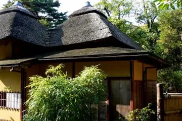 <p>A teahouse with an unusually shaped thatched roof</p>