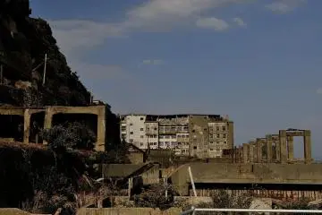 <p>The first sight of Gunkanjima I had upon landing</p>