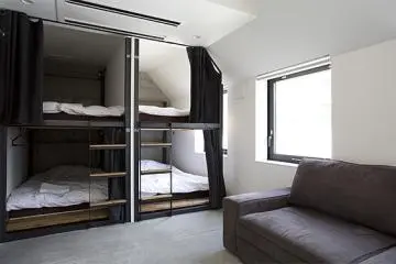 <p>(รูปจาก PIECE HOSTEL KYOTO) อีกมุมน่าพักของห้องแบบกลุ่ม/ครอบครัว (Family Room) ที่มีเตียงสองชั้นซึ่งกว้างกว่าและออกแบบมาเป็นพิเศษ พร้อมกับโซฟาพักผ่อนหน้าทีวี เป็นโซนตรงกลางร่วมกันกลางห้องให้ทำกิจกรรมต่างๆ ได้ตามสะดวก</p>