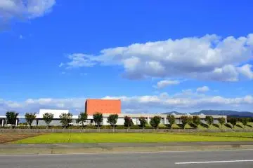 <p>Modern building suddenly materializes in a green rice field</p>