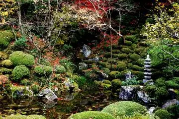 <p>Rocks and a small stone pagoda on the banks of the pond</p>