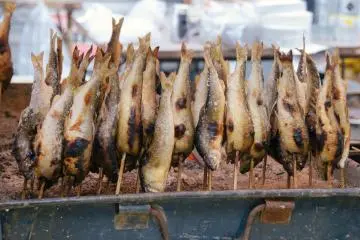 <p>Grilled fish on a stick were being sold on a handful of stalls.</p>