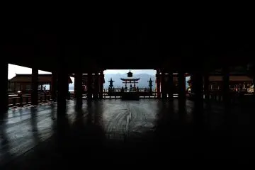 <p>Overlooking the high stage and the big torii gate from the main hall</p>