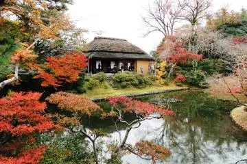 Part of the Katsura Imperial Villa is framed by autumn color