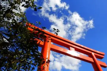 Gerbang torii merah pertama menjulang tinggi ke langit biru. Dari sini, Anda harus menaiki banyak tangga batu untuk mencapai kuil.