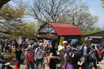 The top of the mountain, including soba shop, on a busy national holiday.