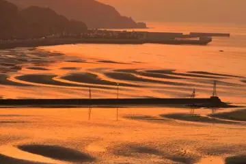 At spring tide, when the tidal range is the greatest, the sculpted mud flats are most clearly visible
