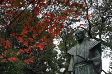 <p>Early autumn leaves around the statue of Doi Toshitada</p>