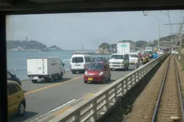 <p>The view of Enoshima from the train (it's better if you're not holding a camera)</p>