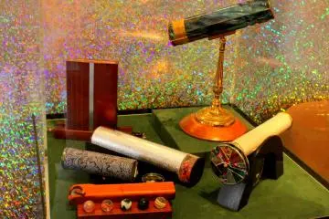 Glass-encased, hand-made kaleidoscopes and their accessories