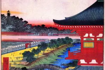 Zojo-ji as depicted during the Edo era, in a Ukiyo-e by Hiroshige.