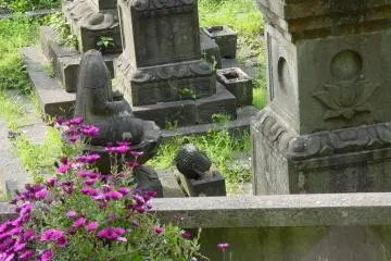 This statue has lost his head, but somebody has kindly placed it down below him.