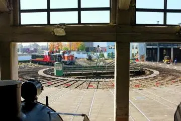 <p>A turntable that was used to turn locomotives, as seen from the locomotive house.</p>