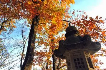 <p>Stone lantern with orange maple leaves in the background</p>