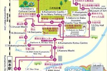 <p>แผนที่เส้นทางการเดินรถของ&nbsp;Kumamoto Castle Loop Bus (Shiromegurin)</p>