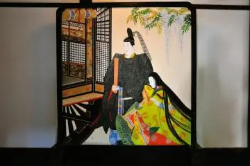 The screen displayed in the corridor between Kachoden Hall and Kogosho Hall features a painting of elegant aristocrats
