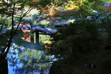 The beautiful semicircular-shaped bridge over Ryujin-no Ike Pond (Dragon God Pond) is called 'Koryu-bashi (the bridge over a dragon)'
