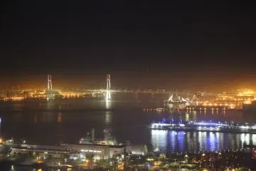 <p>Night view from 'see through' gondola - photo taken during the ride - Close up of Bay Bridge</p>