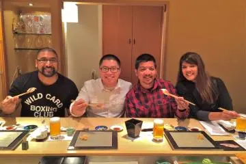 <p>Our seating arrangement from Master Chef Iwa's view. We we definitely enjoying this sushi experience!</p>