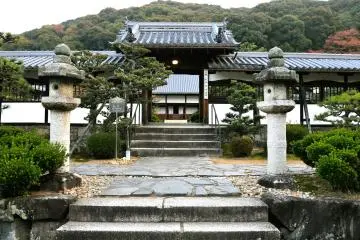 Stone lanterns on both sides, and the small princess pine trees at the entrance