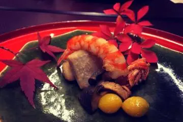 Tiger Shrimp and Gingko nuts, tempura potato&nbsp;and grilled mushrooms. I have no idea why I love Gingko nuts so much... seems like my stomach&nbsp;is Japanese.&nbsp; (Photo: Katerina Tyutyunnyk)