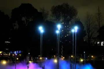 <p>From time to time these poles move up and down with the LEDs&nbsp;on top and some type of fog shoots out of the ground and surrounds the poles looking almost like an alien starship landing.&nbsp;</p>