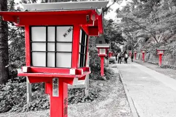 Situated along either side of the approach to Yakuo-in are the first of countless red lanterns