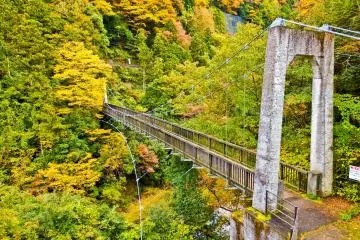 <p>Nearing the end! The Moueki Suspension Bridge provides one of the last great views of the hike. Okutama Station is now only a short walk away</p>