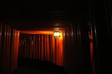 <p>The torii tunnel looks mysterious in the lantern light</p>