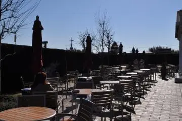 Sunny patio seating at the food court.&nbsp;