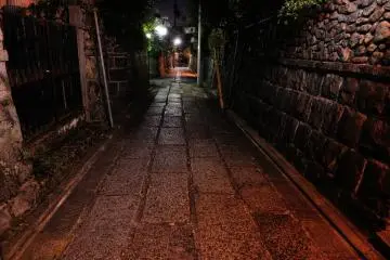 <p>When Kyoto City's street cars were decommissioned, stone pavements with tracks were recycled as pathways here</p>
