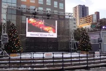 <p>There is a stage in front of the ice rink</p>