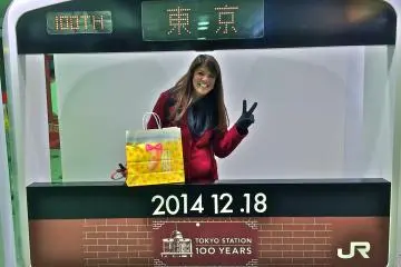 <p>Photo opp at the makeshift JR train decorated in the famous red-brick design</p>