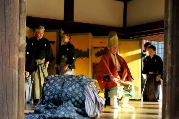<p>The 'chorus' filing back onto the stage</p>