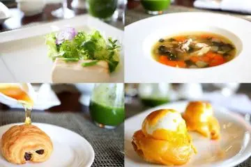 <p>Some of the beautiful food that I had for breakfast, starting with a salad and followed by soup, some croissants and Eggs Benedict.&nbsp;</p>